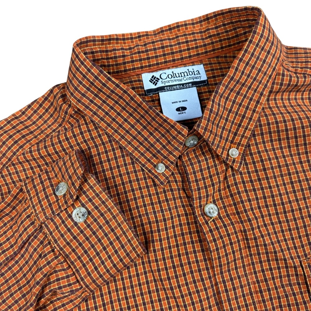 Columbia Sportswear Mens Large Orange Plaid Button Down Long Sleeve Cotton Shirt